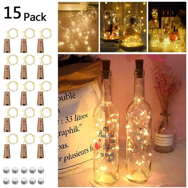 Lámpara de botella de vino, lámpara de hadas, lámpara de alambre de cobre, lámpara de cuerda de corcho, decoración DIY, Navidad, 15 piezas, 2 metros, 20 lámparas blancas cálidas JAMW Sencillez