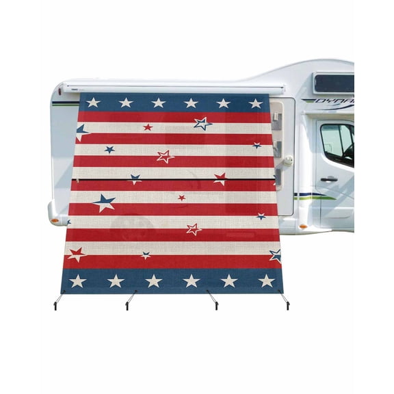4th of July RV Awning Sun Shade Screen 9'X7' Patriotic Stars Red Stripes Mesh Sunscreen American Flag Awning Shade Screen with Zipper UV Blocker Completed Kits Outdoor Canopy for RV Motorhome Camper