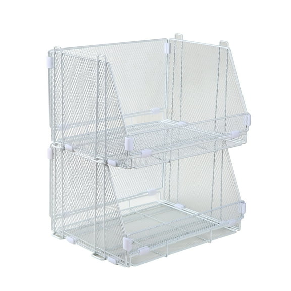 Mainstays Folding Stackable Storage Baskets, Collapsible Plastic Organizer Bins with Clip Handles, 2 Pack, White
