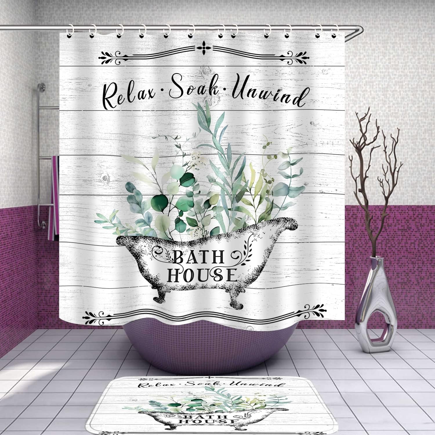4 Pcs Floral Shower Curtain Flowers Leaves Bathroom Sets with Shower Curtain and Rugs Vintage Farmhouse Bathroom Decor Country Bathtub on Rustic Wood Backdrop Bathroom Rugs Mat Toilet Lid Cover