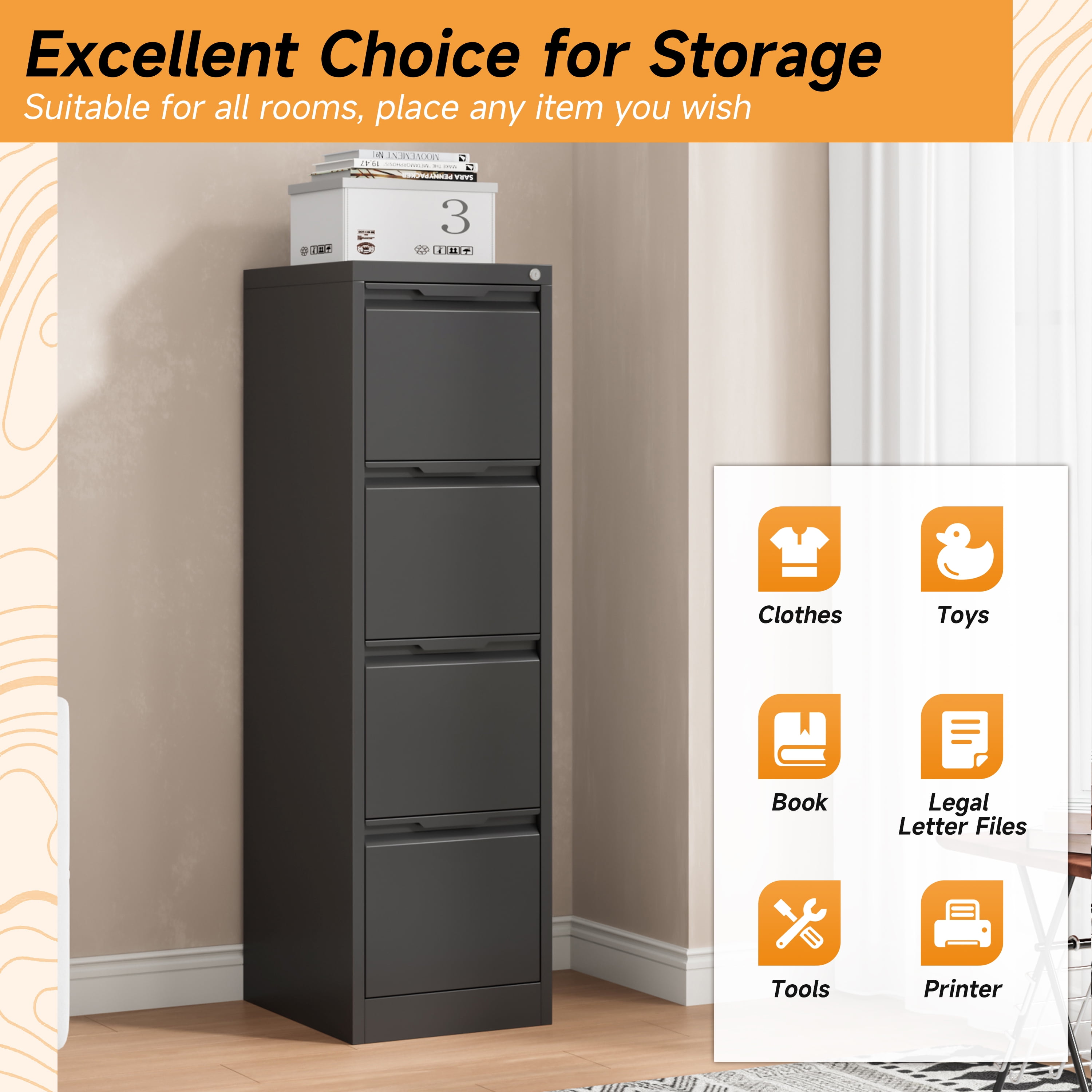 Bestoo 4 Drawer Metal Vertical File Cabinet, 17.8" Deep Filing Cabinet for Home Office, Letter/Legal/A4/F4 Size, Easy Assemble (Black)