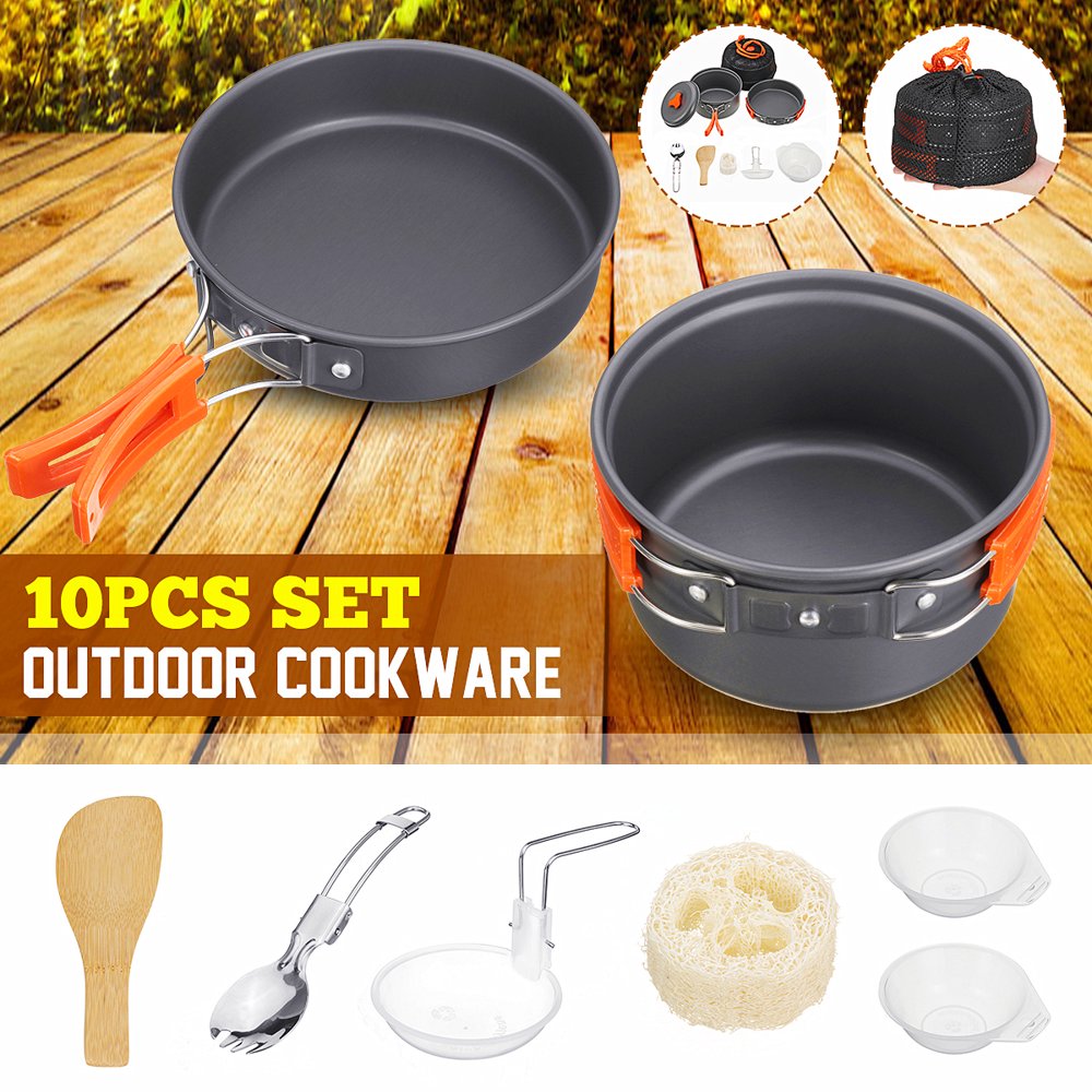 10Piece Portable Outdoor Camping Nonstick Cooking Set Pots Pans Bowls
