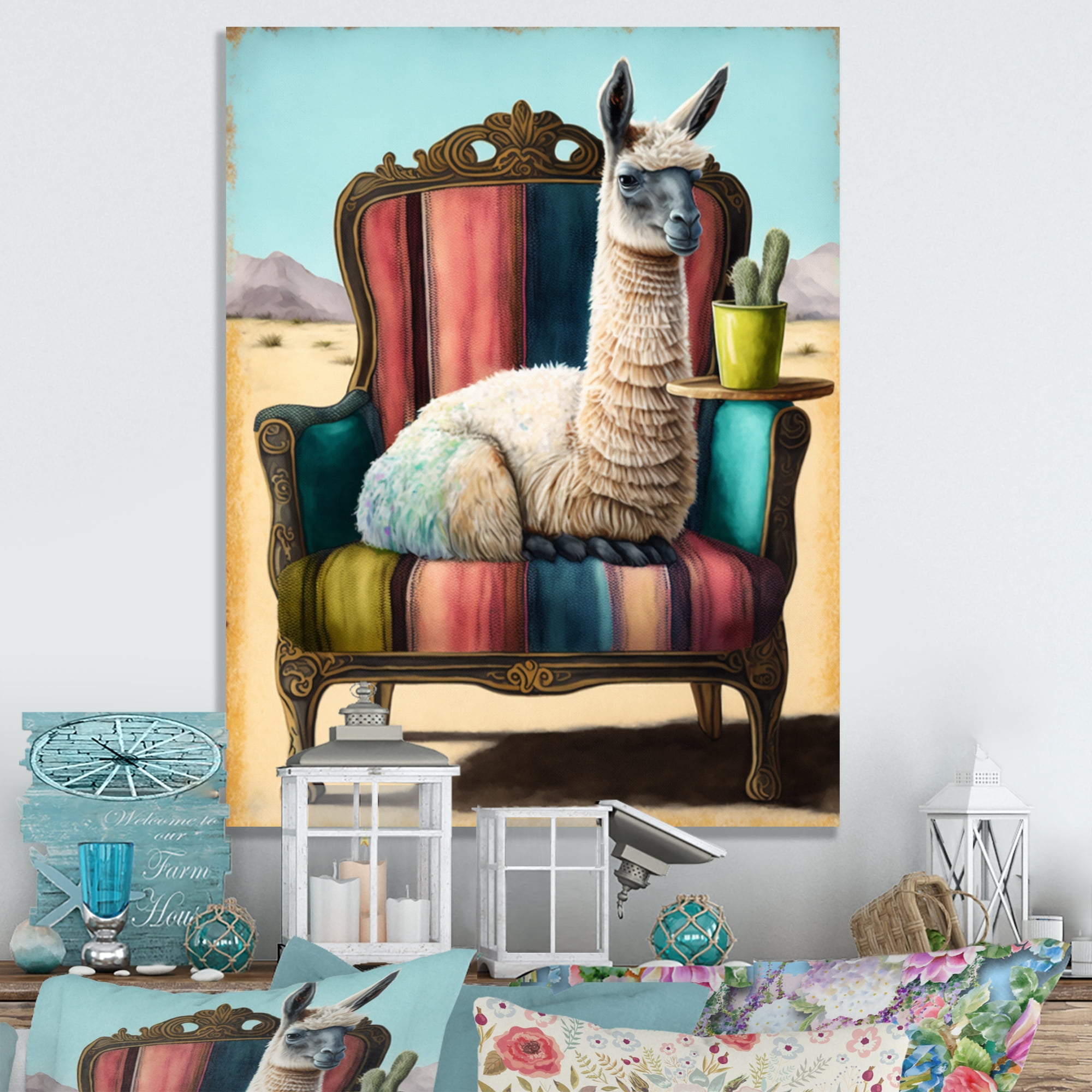 Designart Llama Sitting On Lounge Chair In The Dessert Canvas Wall Art