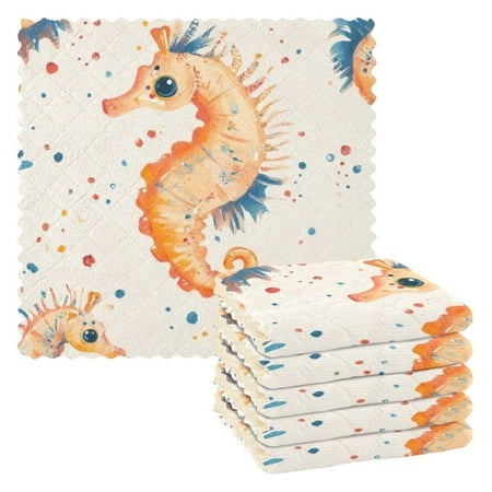 

6 Pieces of Kitchen Towels 11x11Inch Kitchen Dish Cloths Kitchen Dish Towels Reuseable Cleaning Cloths Cute Cartoon Orange Seahorse