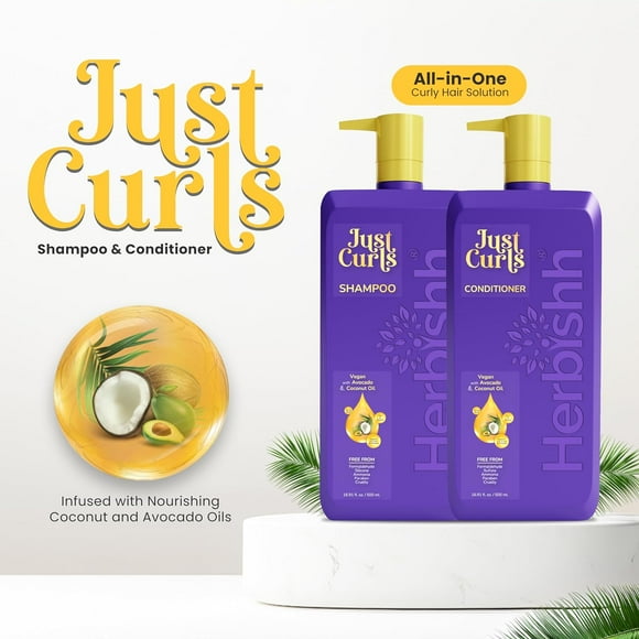 Herbishh Just Curls Shampooing et Revitalisant à l'Avocat et à l'Huile de Noix de Coco, Curls Brillants Nourris, Lisse les Cheveux Frisottés, Ensemble de Soins pour Cheveux Bouclés, Sans Parabènes et Végétalien (16,91 fl oz Chacun)