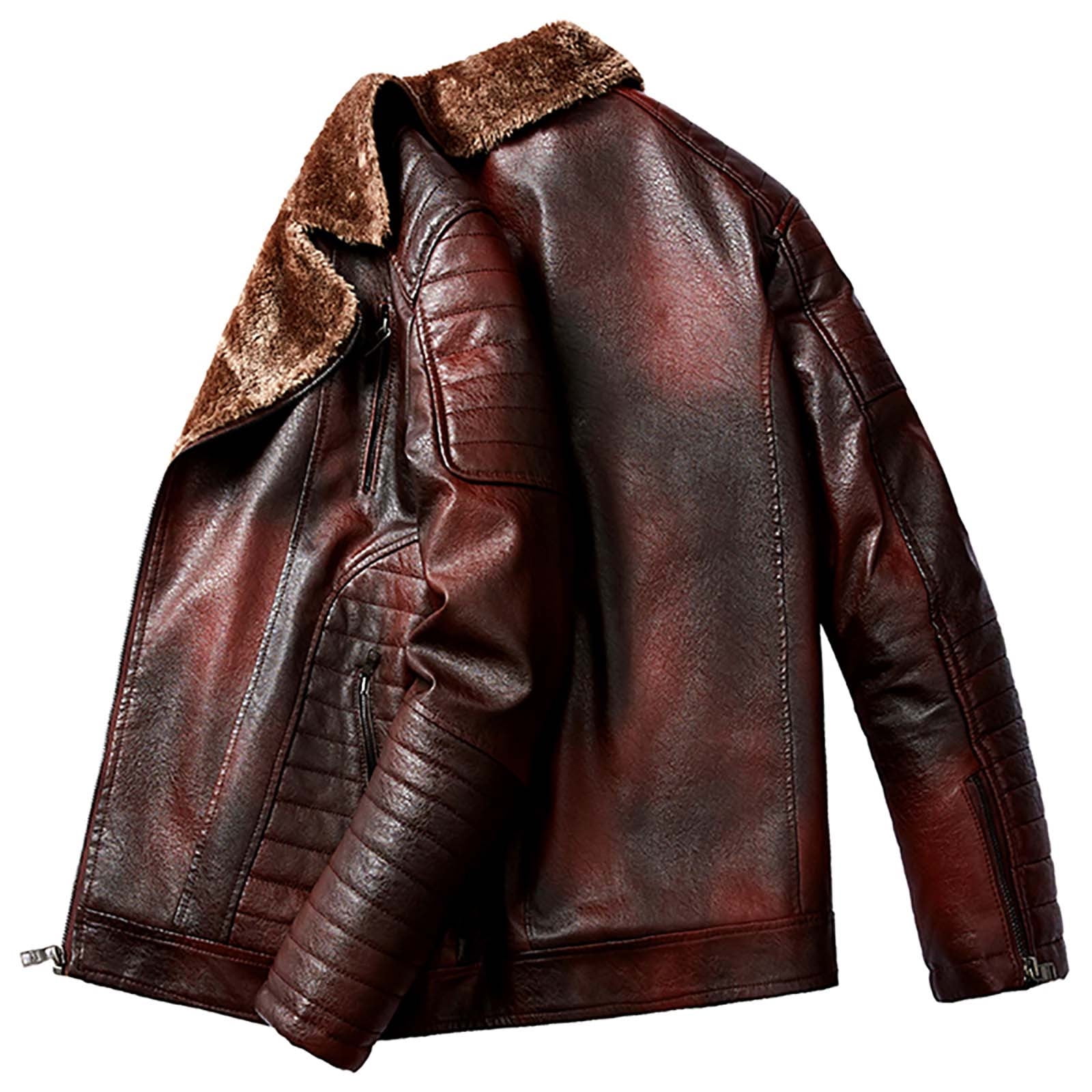 Bazeneo Leather Jacket Mens Winter Fleece Faux Leather Jacket Zipper Warm Biker Jackets with Pockets Vintage Brando Style Motorbike Jackets Faux Shearling Thicken Outwear Casual Tops