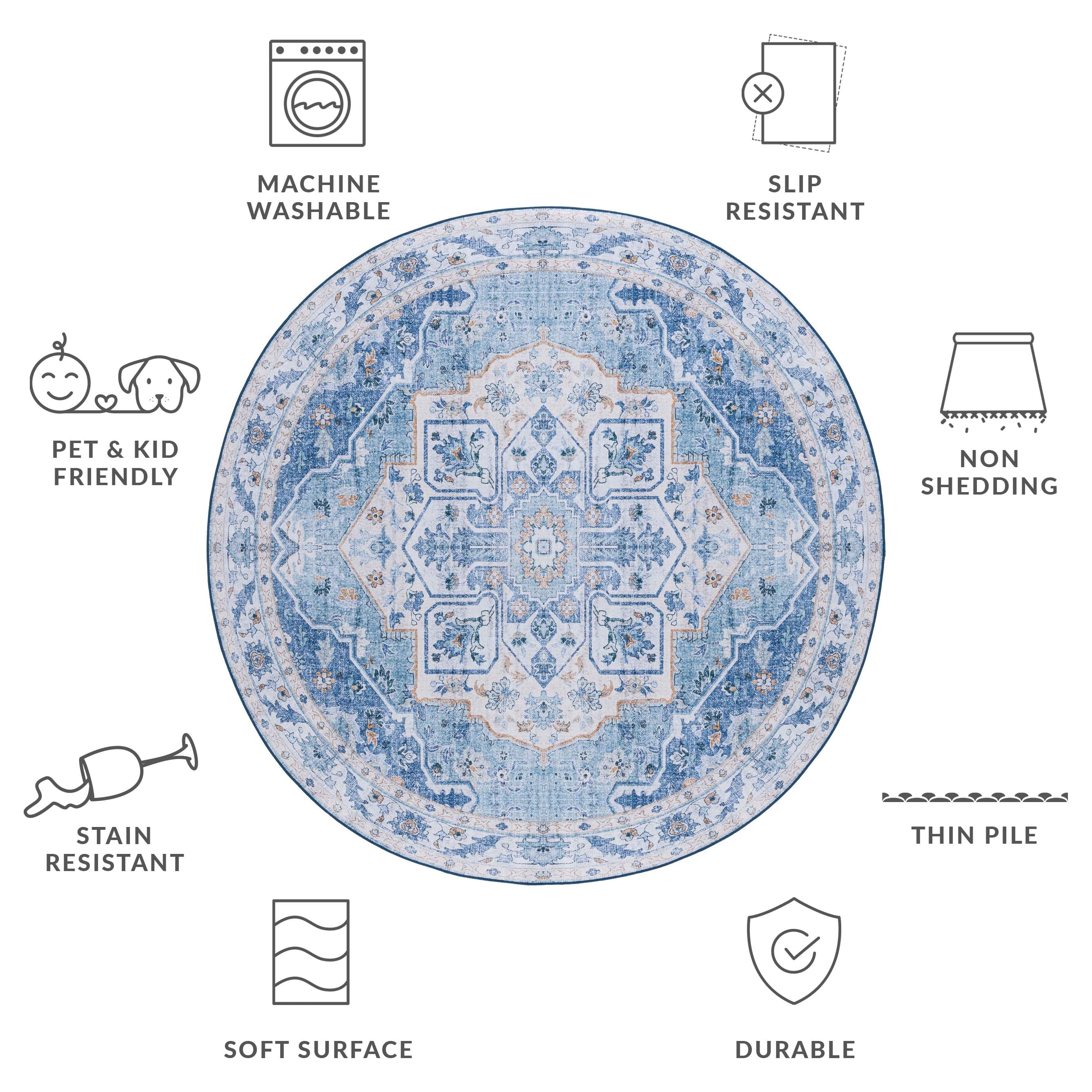 SAFAVIEH Tucson Luvina Oriental Machine Washable Area Rug, Light Blue/Blue, 4' x 4' Round