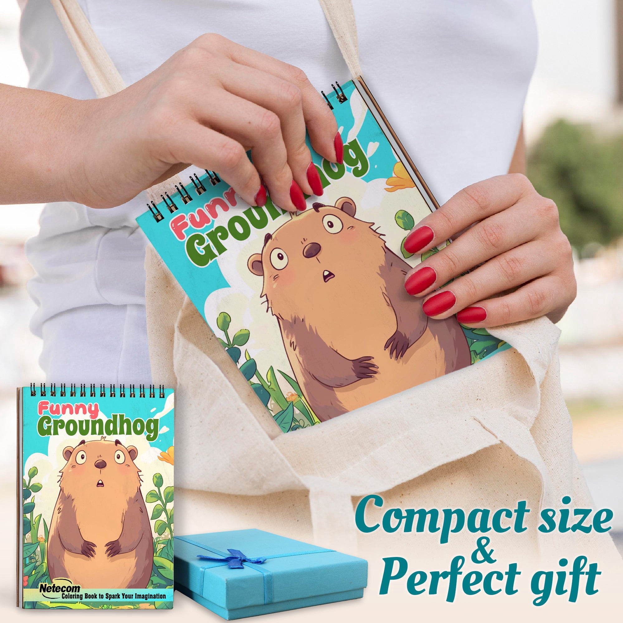 Netecom Funny Groundhog Coloring Book Spiral Bound for Adults, A5 Wooden Cover, Spiral Bound, 30 Cute Coloring Pages in Happy Groundhog Day for Stress Relief and Relaxation