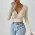 thumbnail image 2 of ZyeKqe Long Sleeve Shirts for Women Wrap Deep V Neck Going out Tops Ribbed Knit Slim Fitted Crop Top, 2 of 6