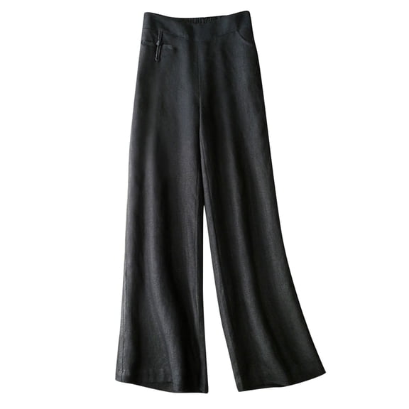 WREESH Womens Wide Leg Pants Solid Summer Casual Elastic Waist Buckle Cotton Linen Pocket Trousers Black