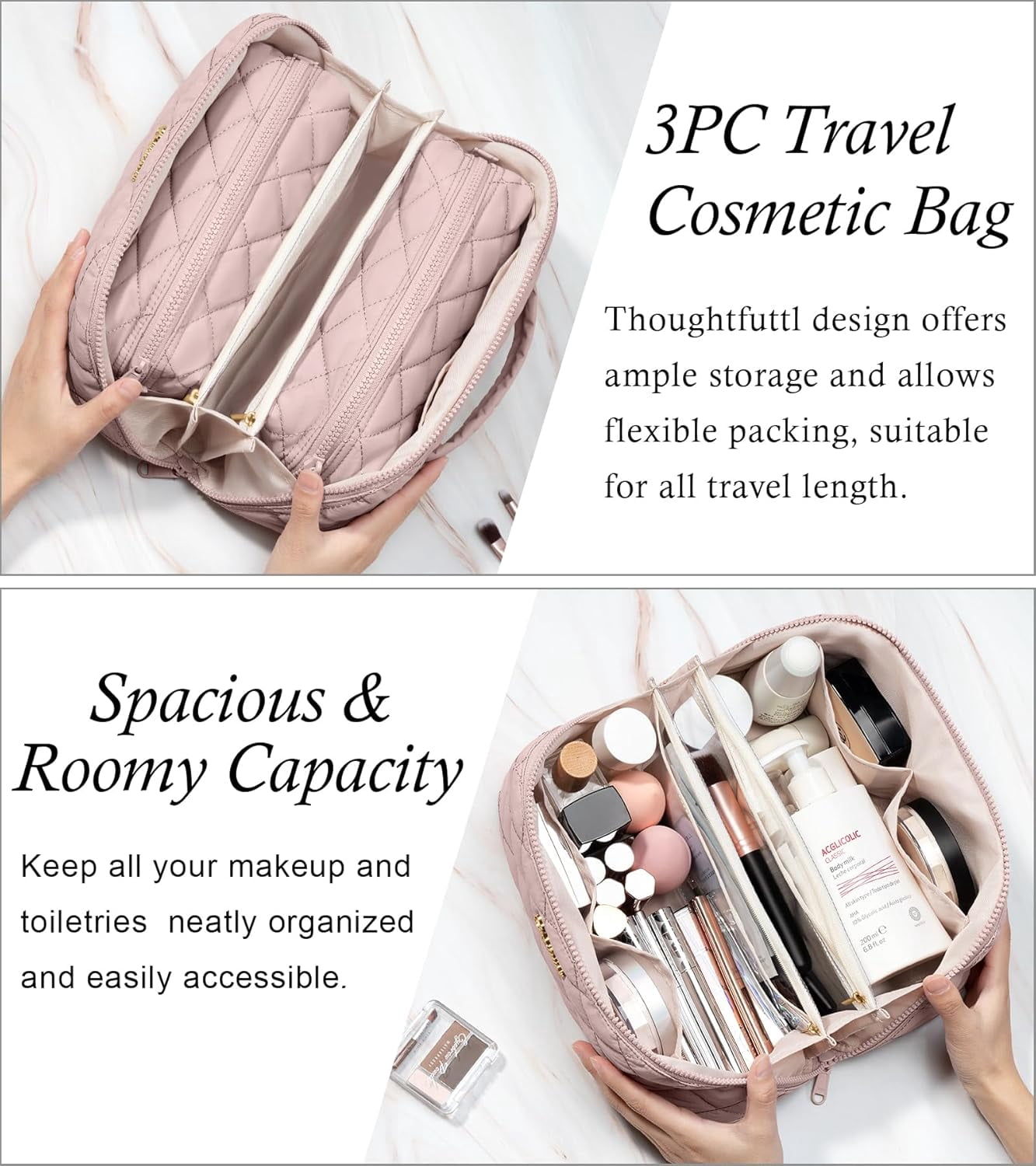 Travel Makeup Bag, 3 Pcs Large acity Puffy Toiletry Bag for Women, Open Flat Make up Cosmetic Organizer w/Handle & Clear Divider Water-resistant Portable Pouch Travel Essentials, L-Light Pink