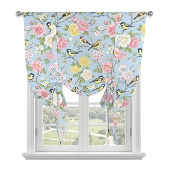 Blue Spring Floral Balloon Curtains 63 Inch Length for Living Room/Bedroom, Elegant Farmhouse Flowers Birds Watercolor Rod Pocket Privacy Door Curtains Decorative Tie Up Shade for Window 52"x63"