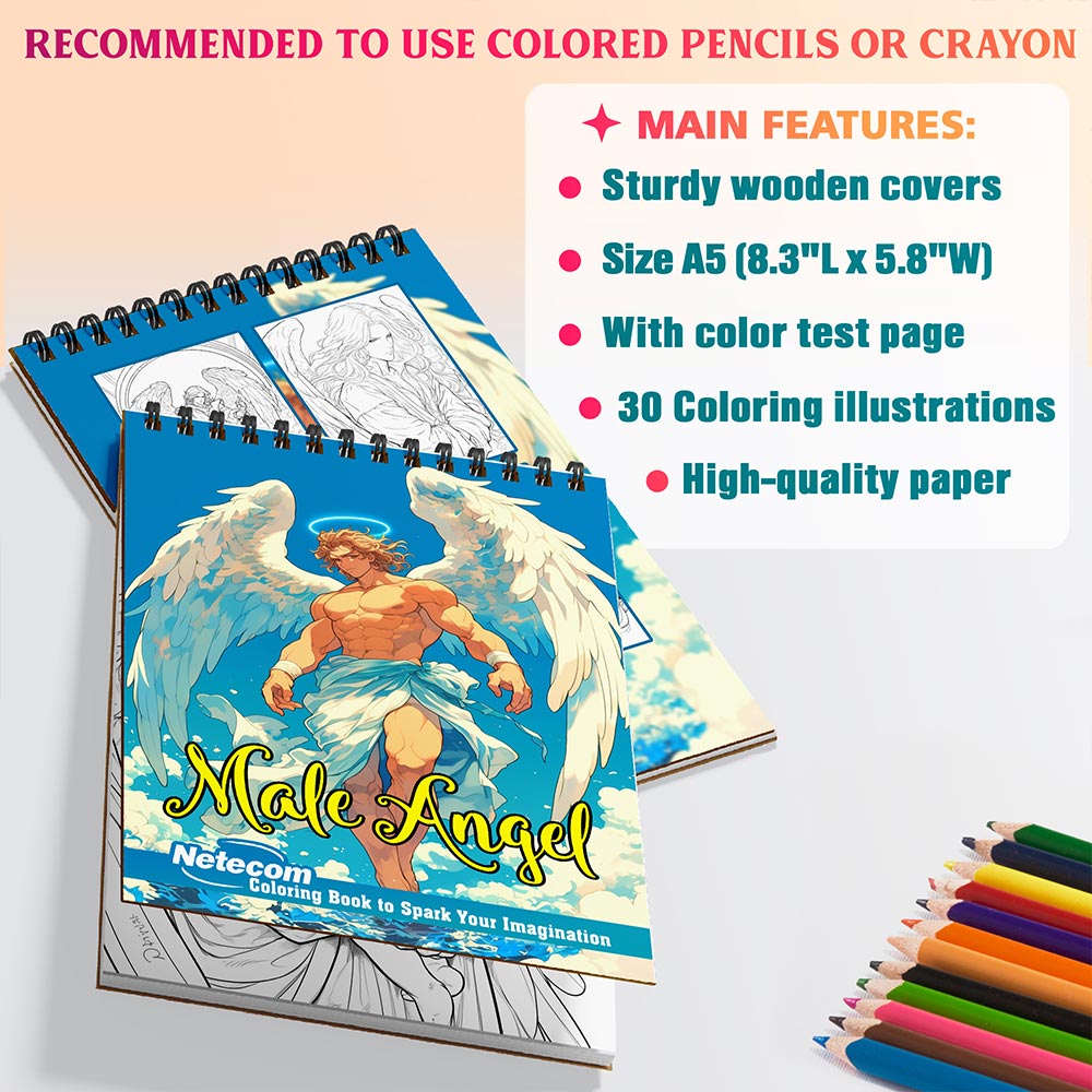 Netecom Male Angel Coloring Book Spiral Bound for Adults, A5 Wooden Cover, 30 Handsome Coloring Pages of Enchanted Beauties from Heaven for Stress Relief and Relaxation