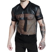 LUOGENLI Male T-shirts for Mens Men's Leather T Shirt Breathable Running Mesh T Shirt Spliced Leisure Sport V Neck T Shirt T-shirts for Men Graphic Tee Easter Black M