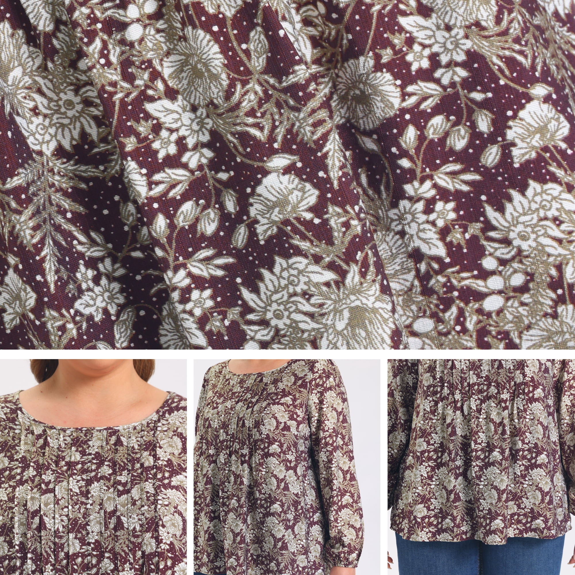 DARING DIVA Women's Plus Front Pintuck Crew Neck Lantern Sleeve 1X Deep Burgundy