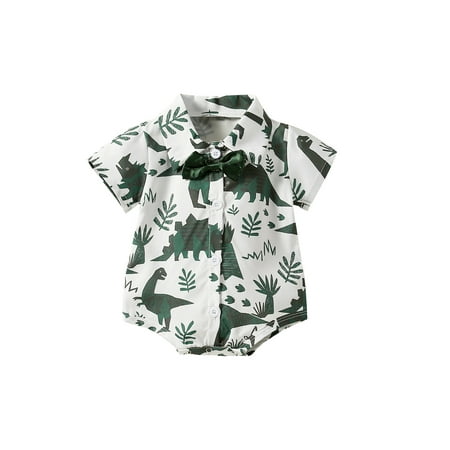 

Suanret Toddler Baby Boys Lapel Romper Summer Cartoon Dinosaur Leaves Printing Short Sleeve Single-breasted Jumpsuit Green 3-6 Months
