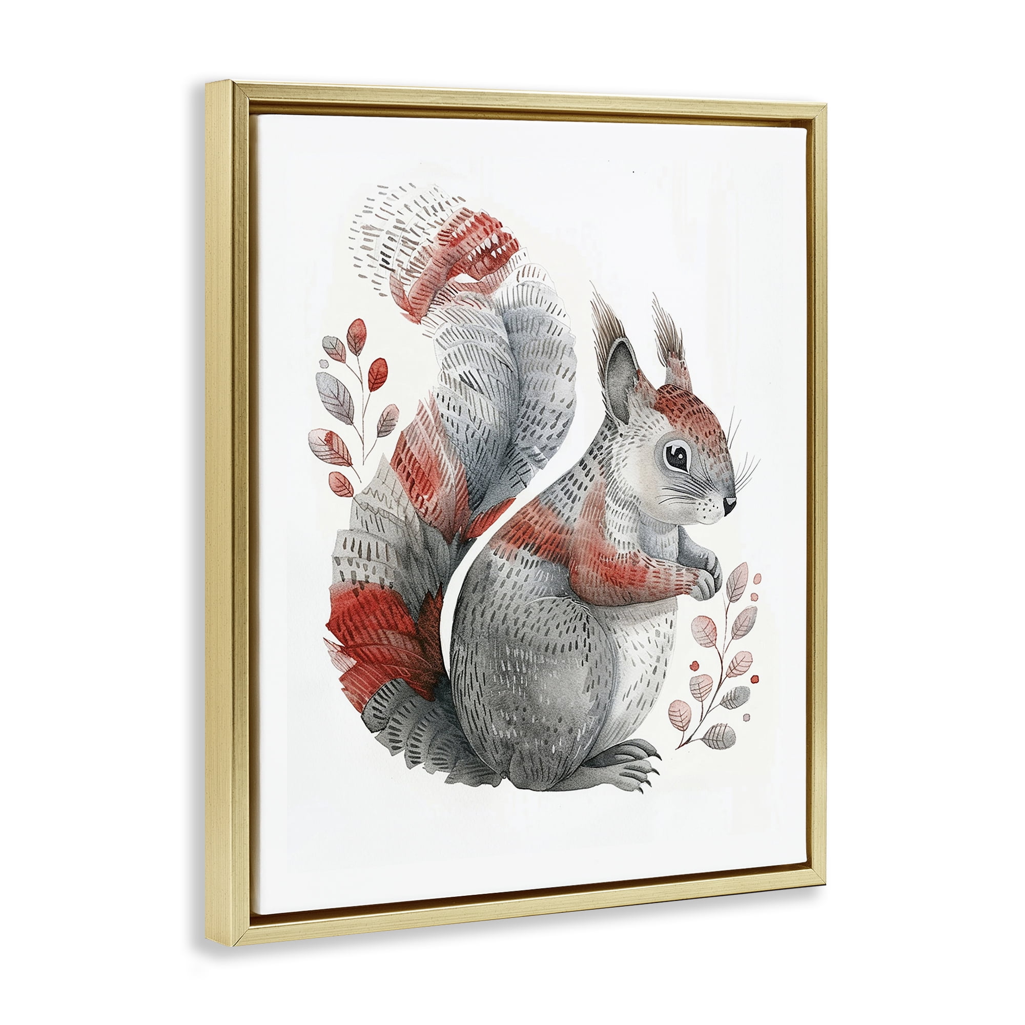Stupell Industries Scandinavian Style Squirrel Animals Painting Gold Floater Framed Canvas Art Print Wall Art, 17 x 21