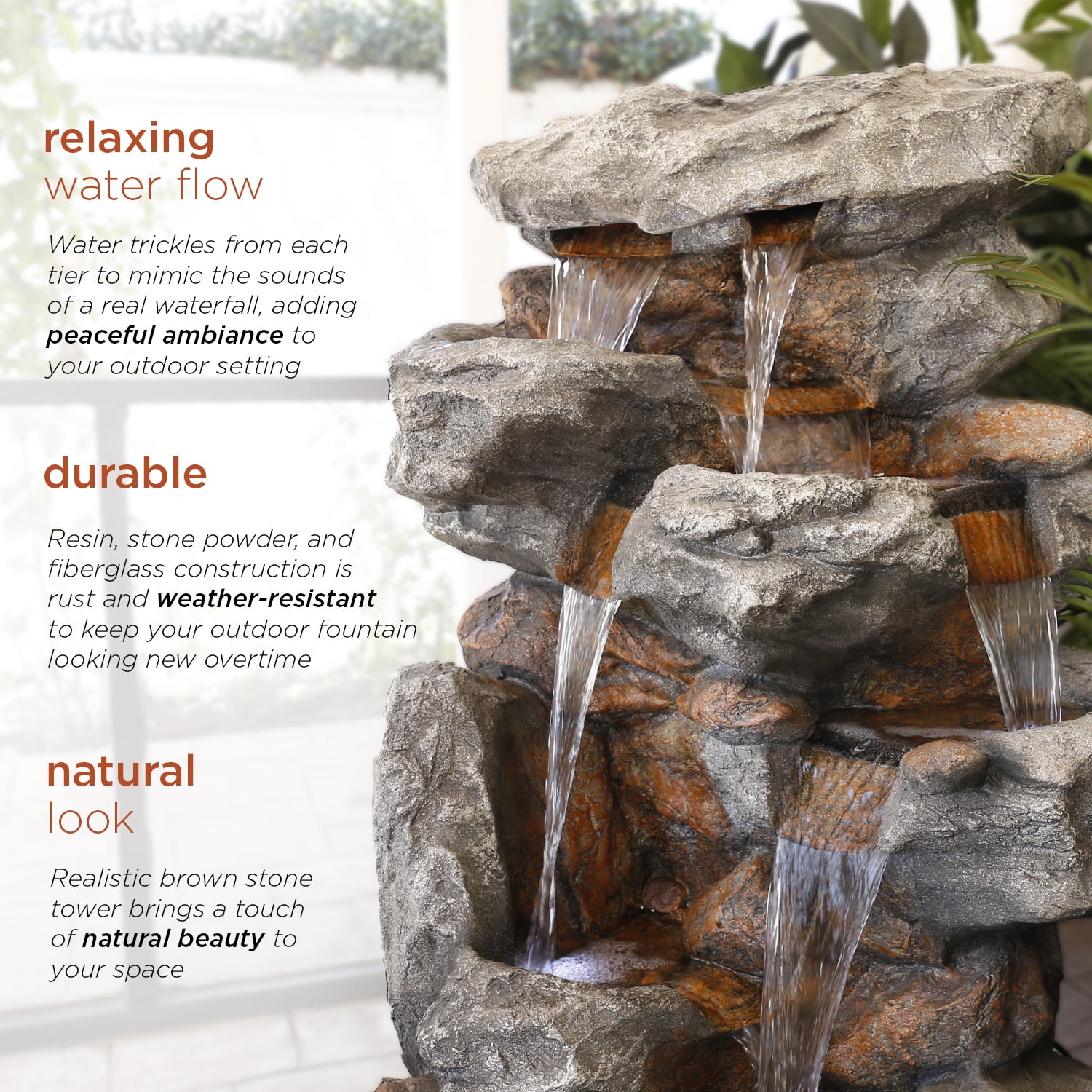 Alpine Corporation Outdoor 5-Tier Rainforest Rock Water Electric Fountain with LED Lights