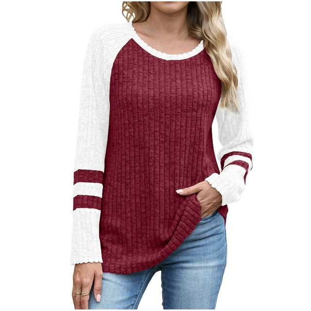 Enjoytime Hauts pour Femmes Patchwork Col Rond Manches Longues Chemises Habillées Décontractées Blouses de Bureau Automne Tendance Amples Vêtements d'Hiver Bourgogne m