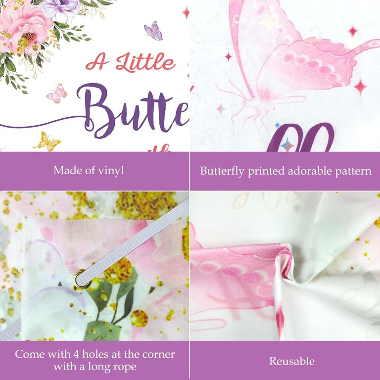 10x8ft Baby Shower Backdrop - Pink Balloon Floral With Purple Butterflies, Photo Booth Background