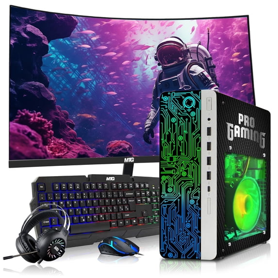 Restored HP G4 Gaming Desktop Computer PC Carbon Black AMD A10-9700,16GB RAM,256GB SSD OS+2x500GB HDD,24 Inch Curve Monitor,GT 730 Graphics,RGB KBM with AI Copilot,WiFi,RGB Headphone,Windows 11
