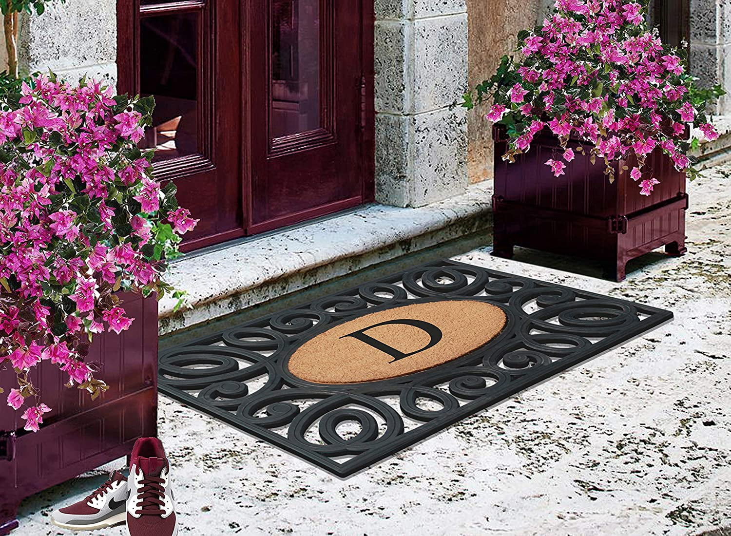 A1HC Elegant Circles Rubber and Coir Mat for Outdoor Entrance Heavy Duty Monogrammed Doormat Black/Beige 23x38