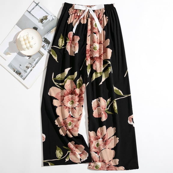YOZGXEG Wide Leg Pants Women Women'S Comfy Printed Wide Leg Pajama Pants Bow Elastic Waist Fashion Long Bottoms Blue One Size