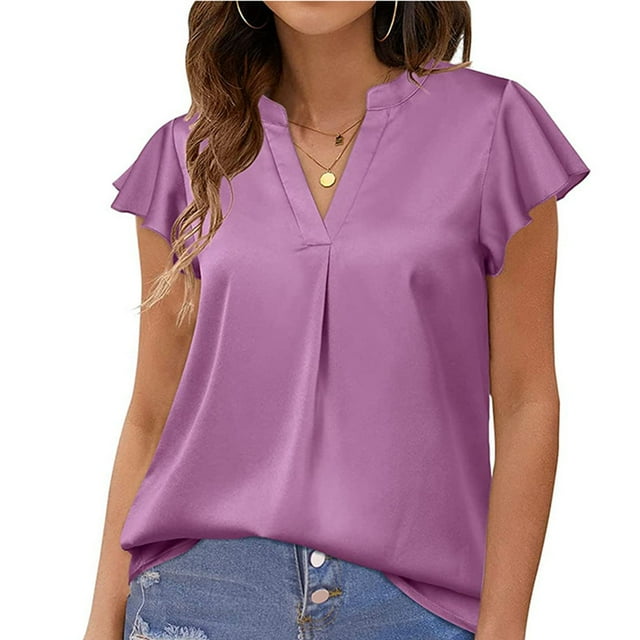 Blusa de satén de manga corta NikouMX para mujer con Cuello en V Talla S
