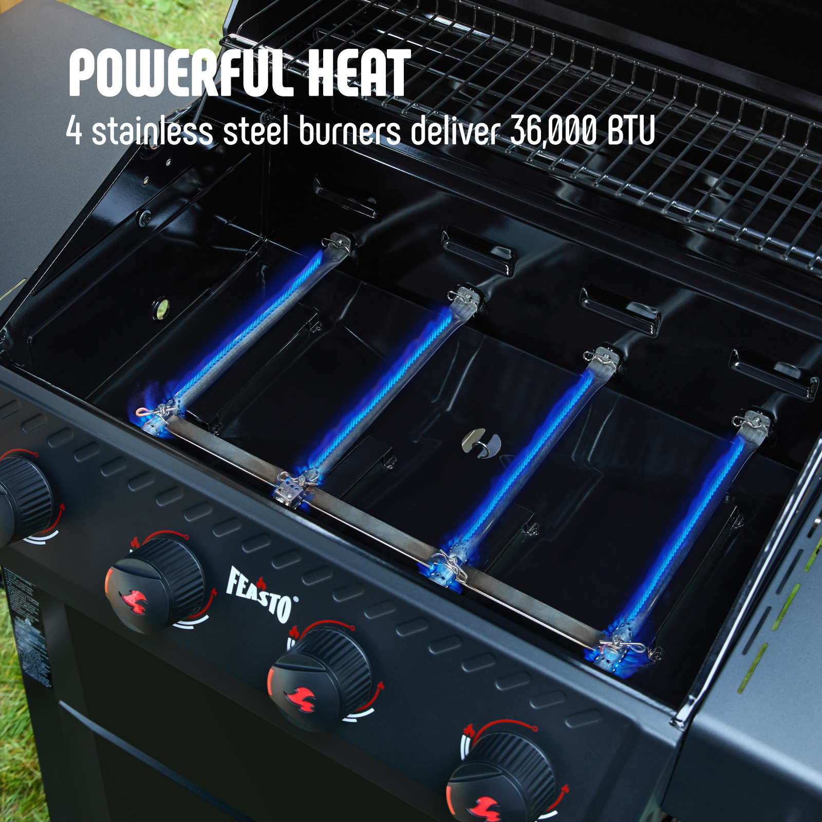 Feasto 4-Burner Propane Gas Grill, Outdoor Grill with 2 Side Tables and Porcelain-Enameled Grates, Black