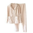 thumbnail image 3 of KIJBLAE Flannel Two Piece Pj Lounge Set Long Sleeve Solid Color Collared Shirt Fleece Pajamas Wide Leg Pants Matching Sets 2 Piece Outfit Sleep Pants Winter Warm Outfits Beige L, 3 of 8