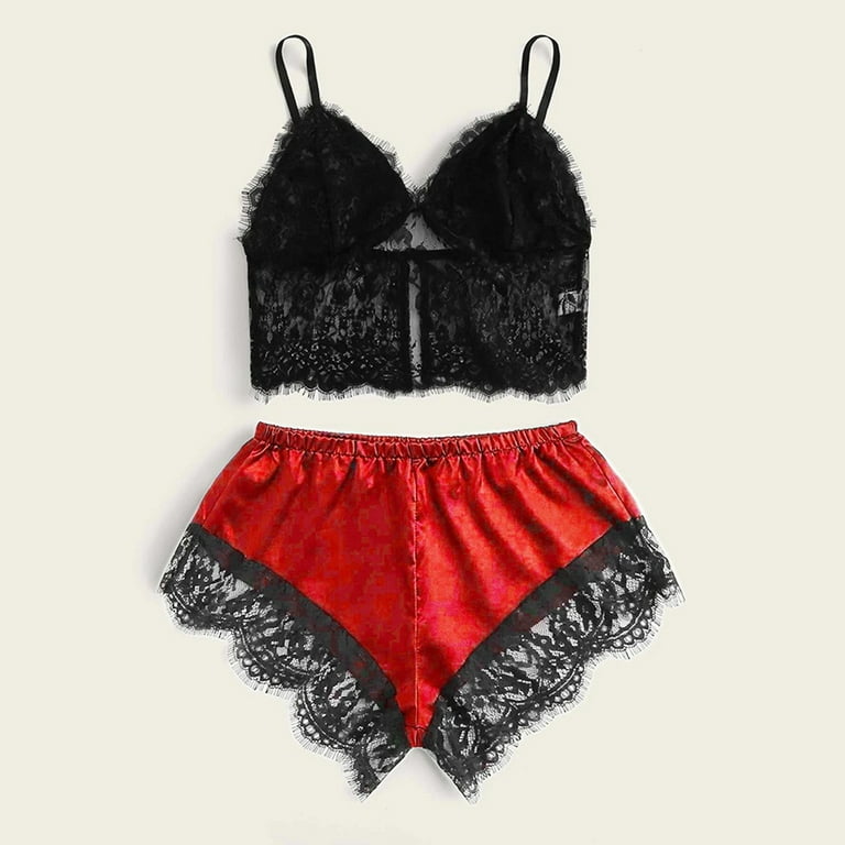 Women s Floral Lace Cami Top with Shorts Sleepwear Pajama Set Spaghetti Strap Bralette Satin Shorts PJ Set Nightwear