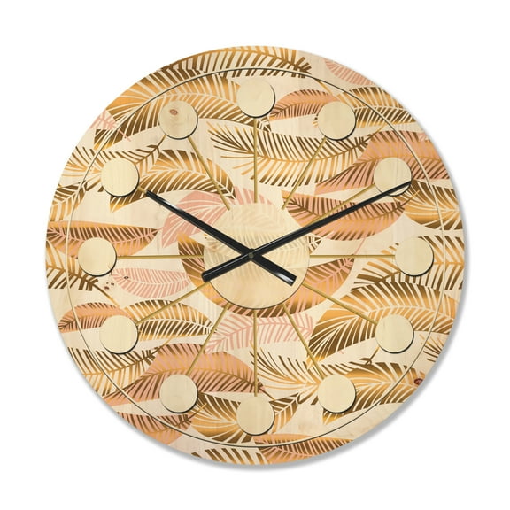 Designart 'Golden Tropical Leaves Pattern III' Mid-Century Modern Wood Wall Clock