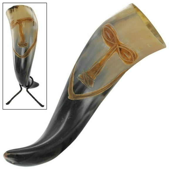Armory Replicas Vroulike Tribal Face Drinking Horn with Hand Forged Rack
