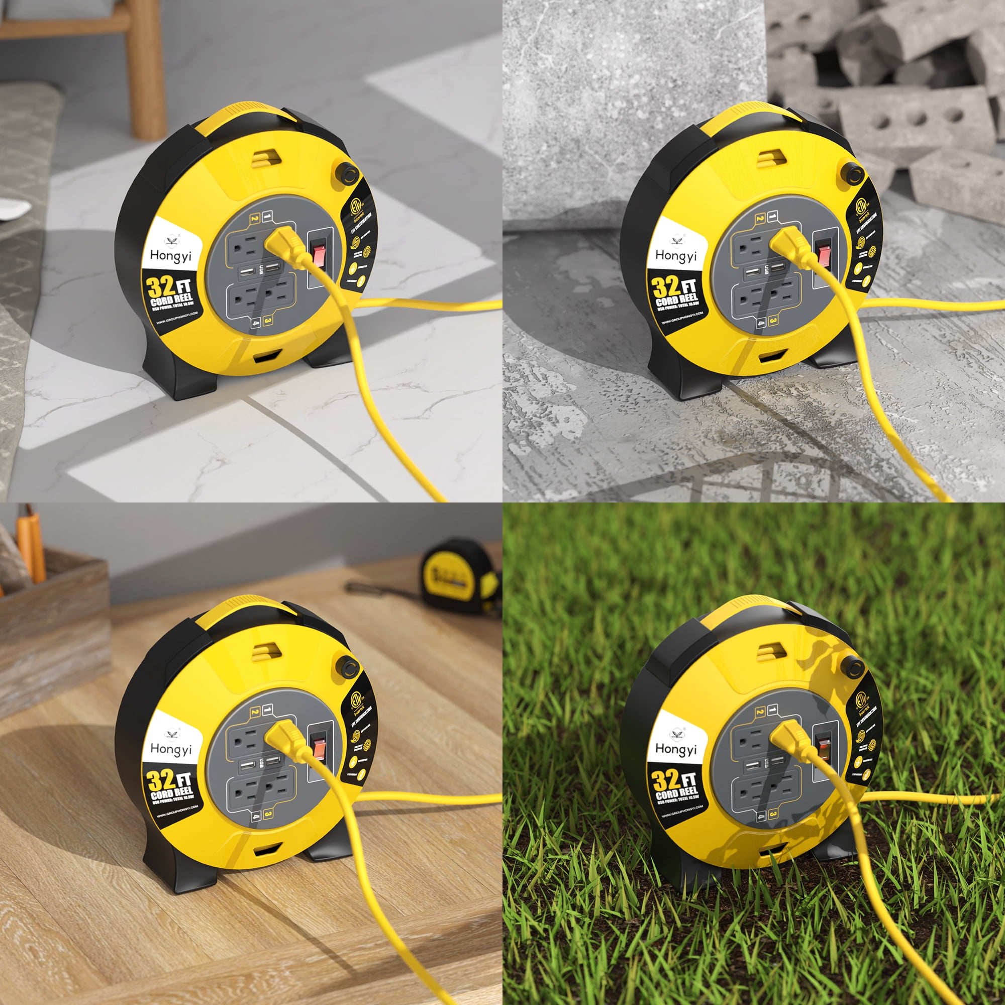 Hongyi Extension Cord Reel 32ft,16AWGX3C,SJT,4-Outlet and 2-USB Ports,Yellow
