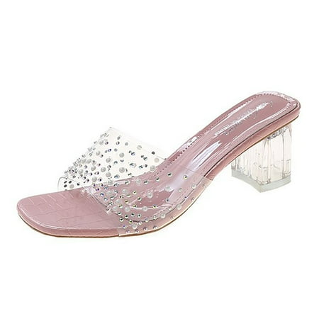 

Ediodpoh Women Sandals Summer New Pattern Fashion Rhinestone Pearl Transparent Square Heel Comfortable Non on Shoes Sandals for Women Pink 7.5(39)