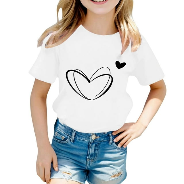 T-shirts pour Filles Imprimés Manches Courtes Col Rond Été pour Adolescentes 6-7 Ans