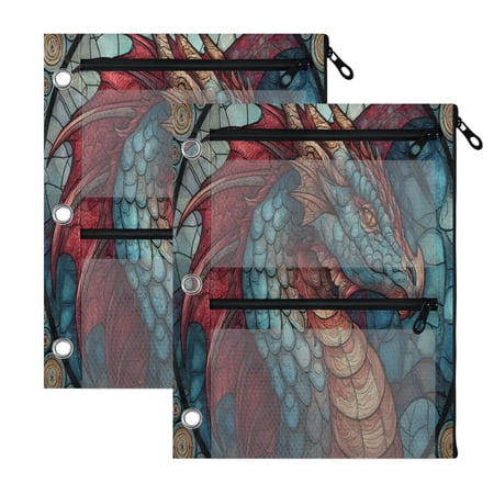 2 Pack 3-Ring Binder Pencil Pouch with Clear PVC Windows The Blue and Red Dragon Large Capacity Stationery Bag for Classroom Office Supplies