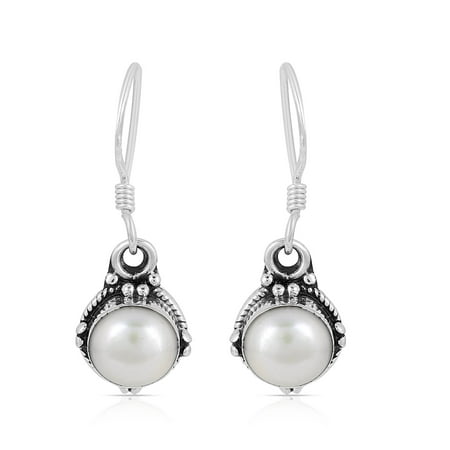 Natural White Pearl Round Dangle Earrings in 925 Sterling Silver – Handmade Bezel-Set Classic Pearl Jewelry Gift for Women
