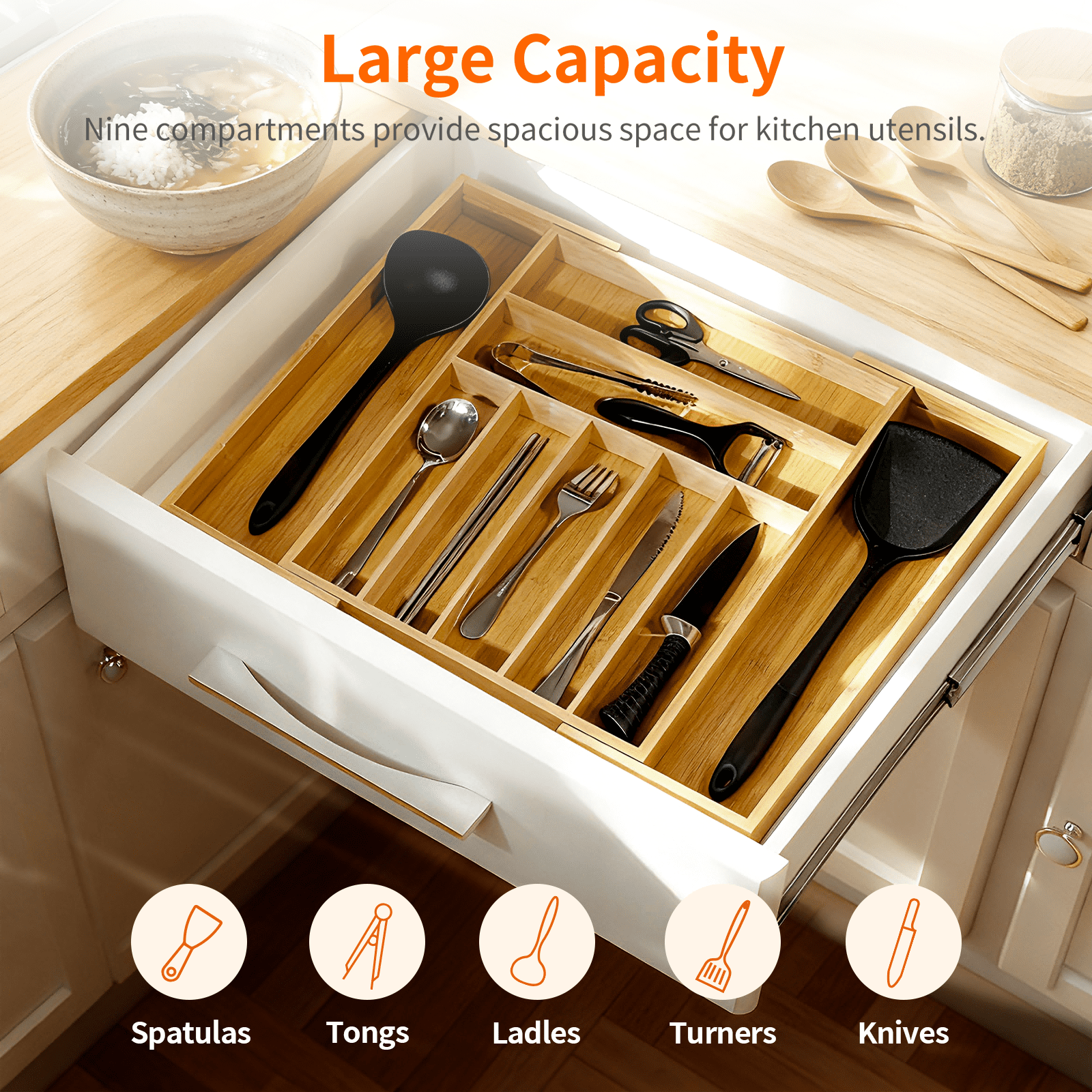 Bamboo Drawer Organizer Expandable 12.6” to 20” Wide, 9 Slot Silverware & Utensil Organizer Tray, Cutlery Drawer Dividers for Flatware, Knives, Spoons (Natural)
