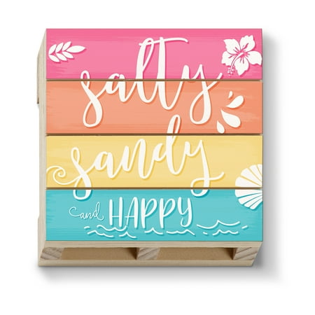 Highland Home Salty Sandy And Happy Single Pallet Wood Coaster 4 inch by 4 inch square Made in the USA