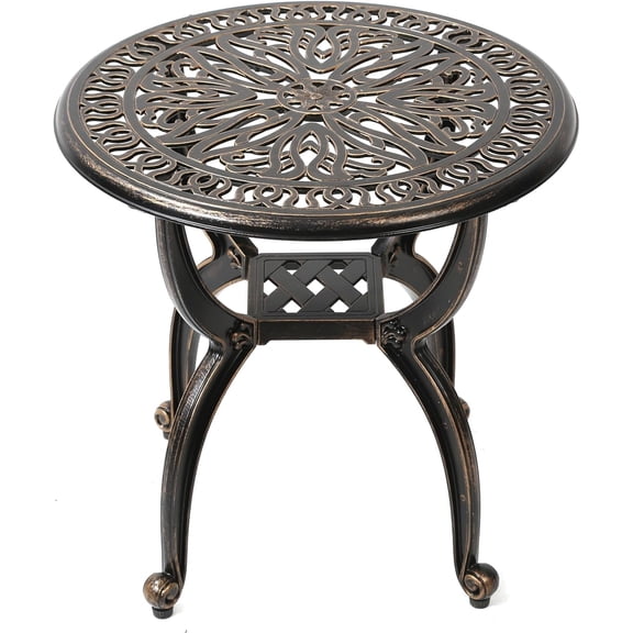 C/G Cast Aluminum Side Table,Decorative Outdoor End Table, Ornate Floral Pattern (Round, Copper)