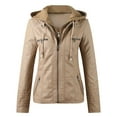 thumbnail image 2 of HJYCHN Leather Jacket Women Solid Color Hooded Zipper Pocket Long Sleeve Slim Fit Motorcycle Coat Short Punk Outerwear Coats for Women Khaki One Size, 2 of 6