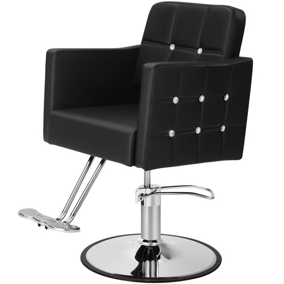 Black Salon Chair for Hair Stylist – Hydraulic Beauty Chair with Crystal Tufted Back, Extra-Wide Seat, Adjustable Height, 360° Swivel for Barbershop, Spa, or Home Use