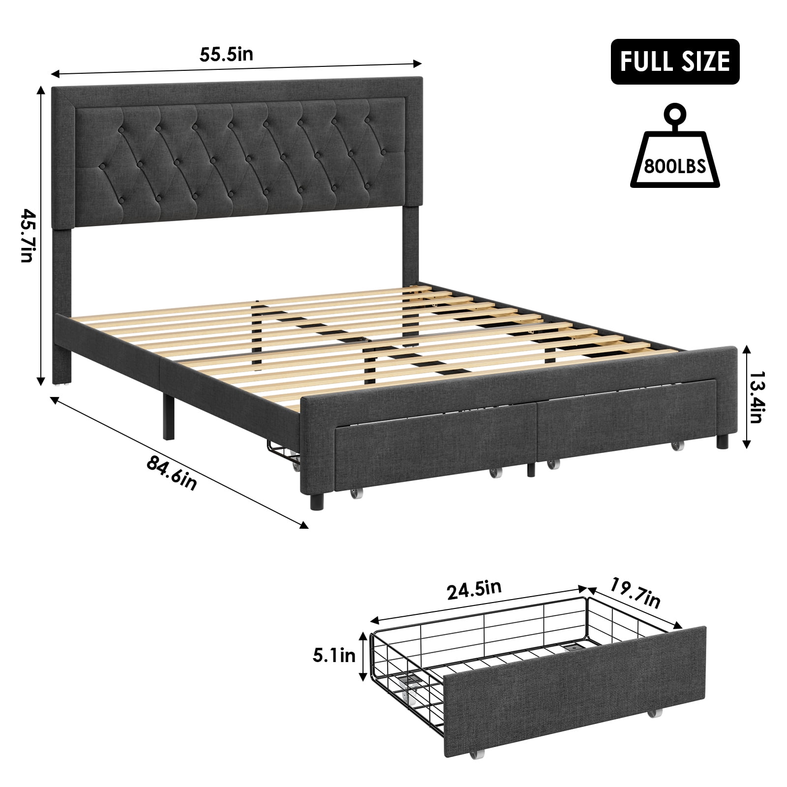 Homfa Queen Size 2 Drawers Bed Frame, PU Leather Upholstered Platform Bed with Adjustable Button Headboard, Black