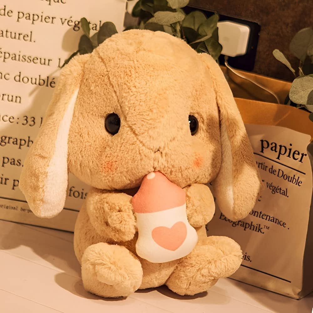 Sitting Lop Eared RabbitToy- Easter White Rabbit Stuffed Bunny Animal with Carrot Soft Lovely Realistic Long-Eared Standing Pink Plush Toys (Brown-Milk Bottle,8.6in/22cm)