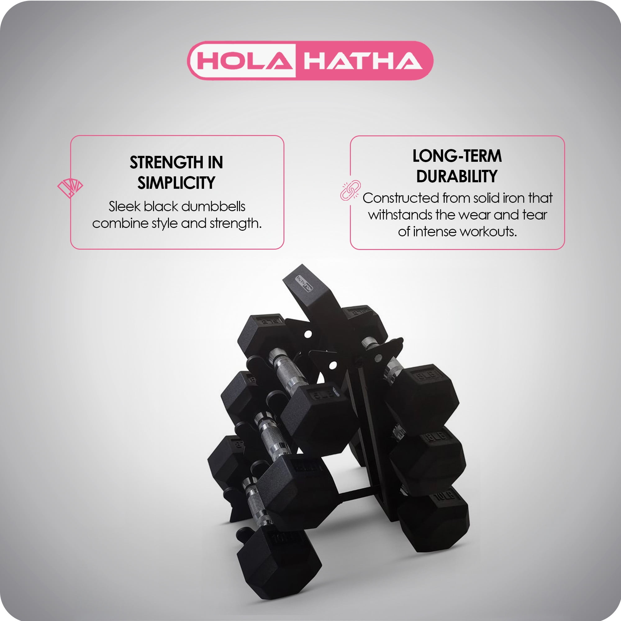 HolaHatha Hexagonal Dumbbell Free Hand Weight Set, 5, 8, & 10 Lbs, Black