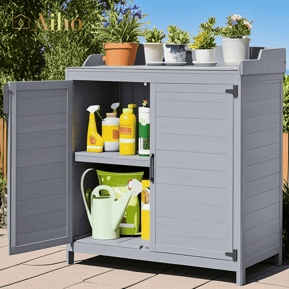 Aiho outdoor Storage Cabinet & Potting Bench Table with Metal Top, Wooden Patio Furniture, Garden Workstation - Gray