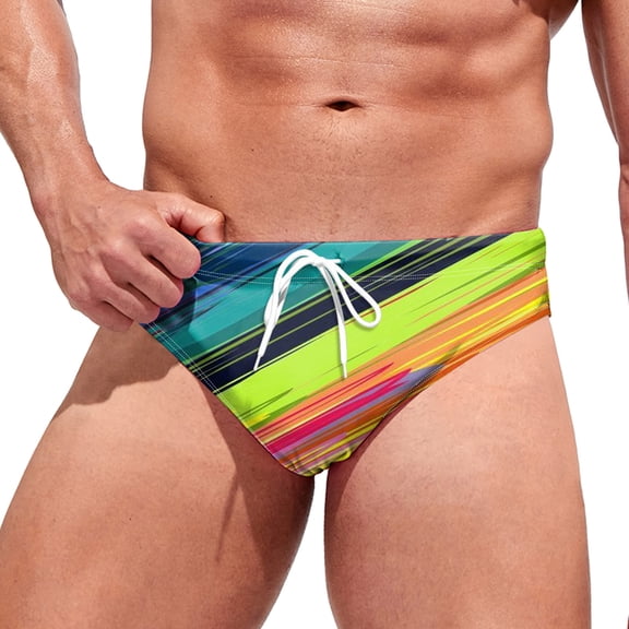 Linfrsh Men's Swim Brief Denim Print Swim Trunks Drawstring Waist Swimsuit Bikini Briefs Men'S Swim Brief(Yellow,L)