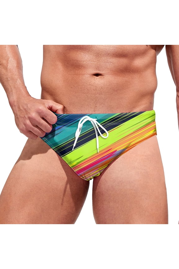 Men's Rainbow Strips Nylon Bikini Swim Briefs Drawstring Sexy Low Rise Swimwear Men'S Speedo Swim Brief(Yellow,M)