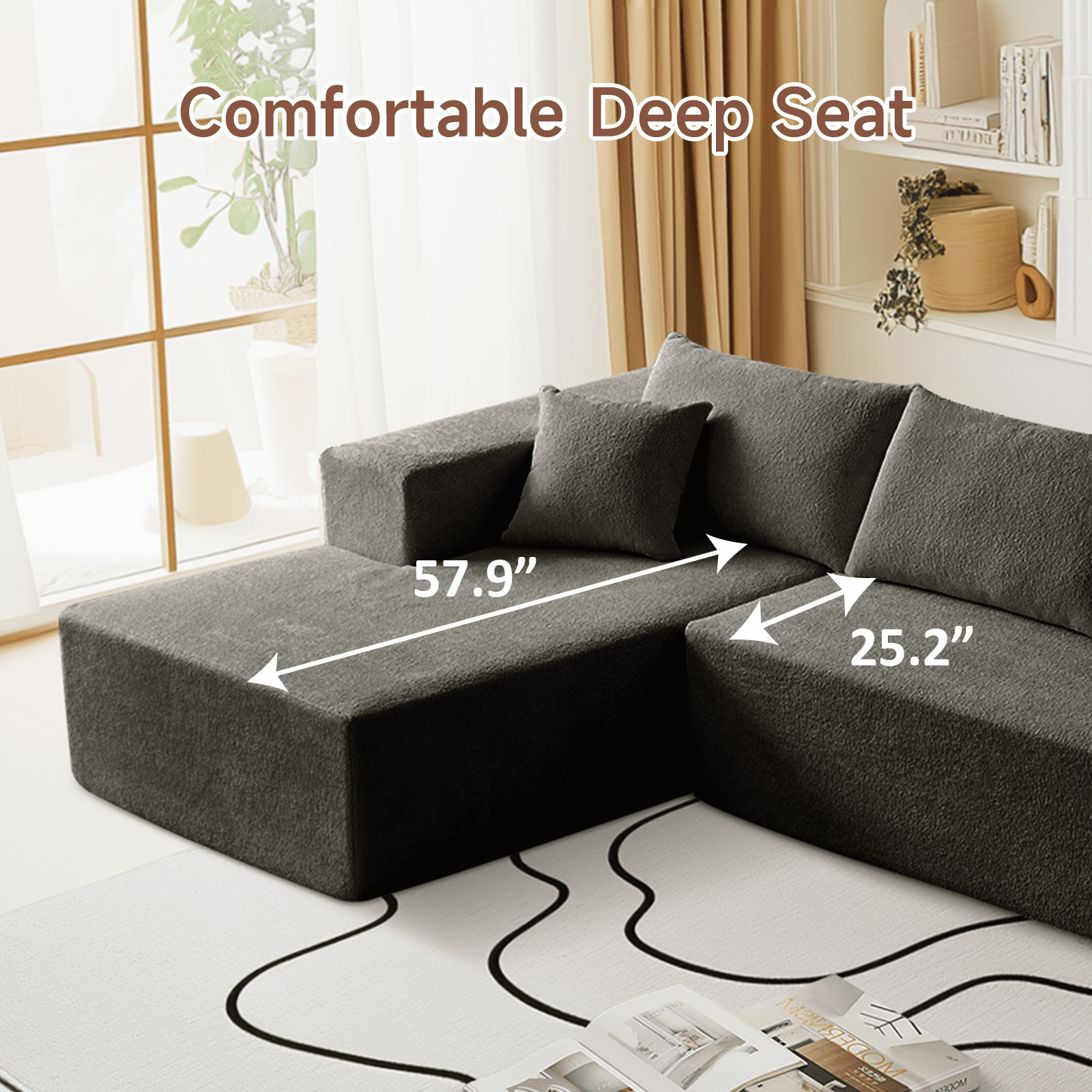 104" Sectional Sofa, L-Shaped Modern Modular High-Density Sponge Corner Sofa with Chaise Lounge & Pillows, Upholstered Cloud Couch for Living Room Bedroom Apartment
